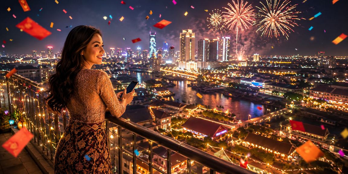 Amplop merah bonus hadiah di pasar malam Vietnam berwarna warni