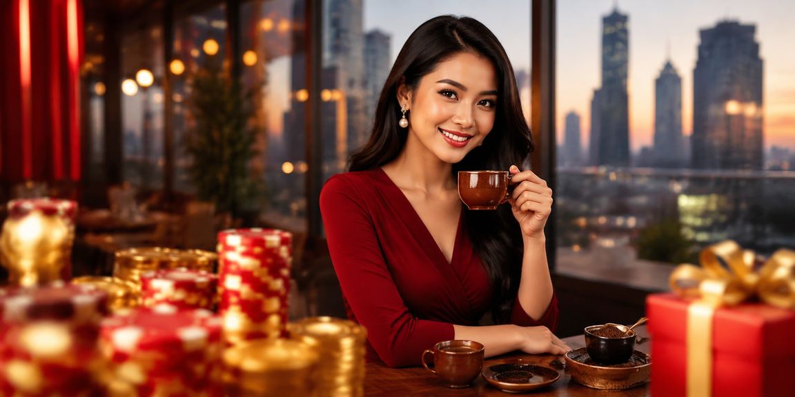 Perempuan Vietnam menikmati kopi sambil mengecek saldo dan bonus akun kasino di laptop