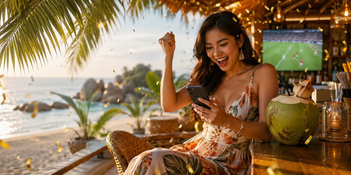 Pengguna bermain kasino mobile di tepi pantai Vietnam dengan ponsel di tangan