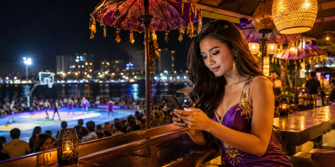 Model Vietnam menampilkan taruhan basket di layar ponsel dengan latar belakang urban